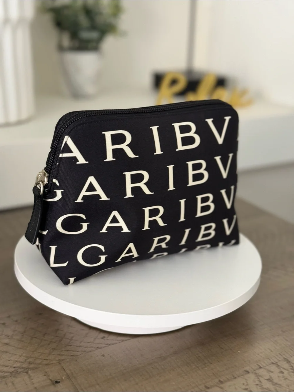 BVLGARI Black & White Logo Print Pouch with box